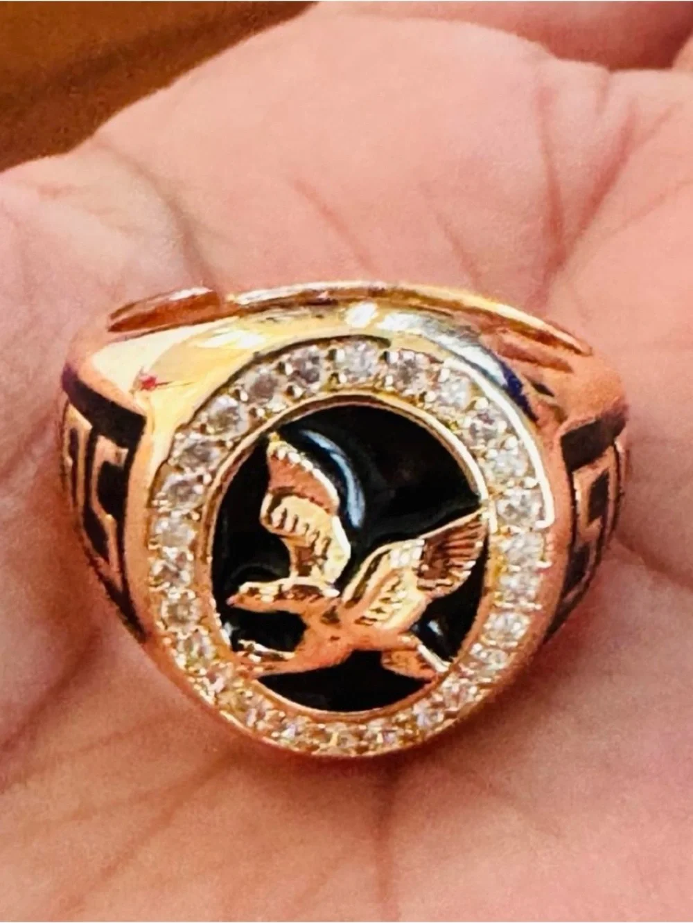18K Gold Plated Eagle Emblem Ring with Black Enamel and Crystal Halo. Adjustable